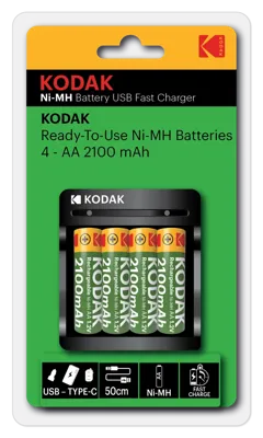 Cargador rápido USB Kodak con 4 pilas AA Ni-MH 2100 mAh